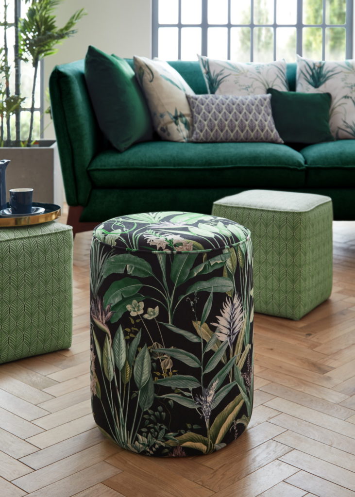Palm floral footstool in emerald cameo fabric