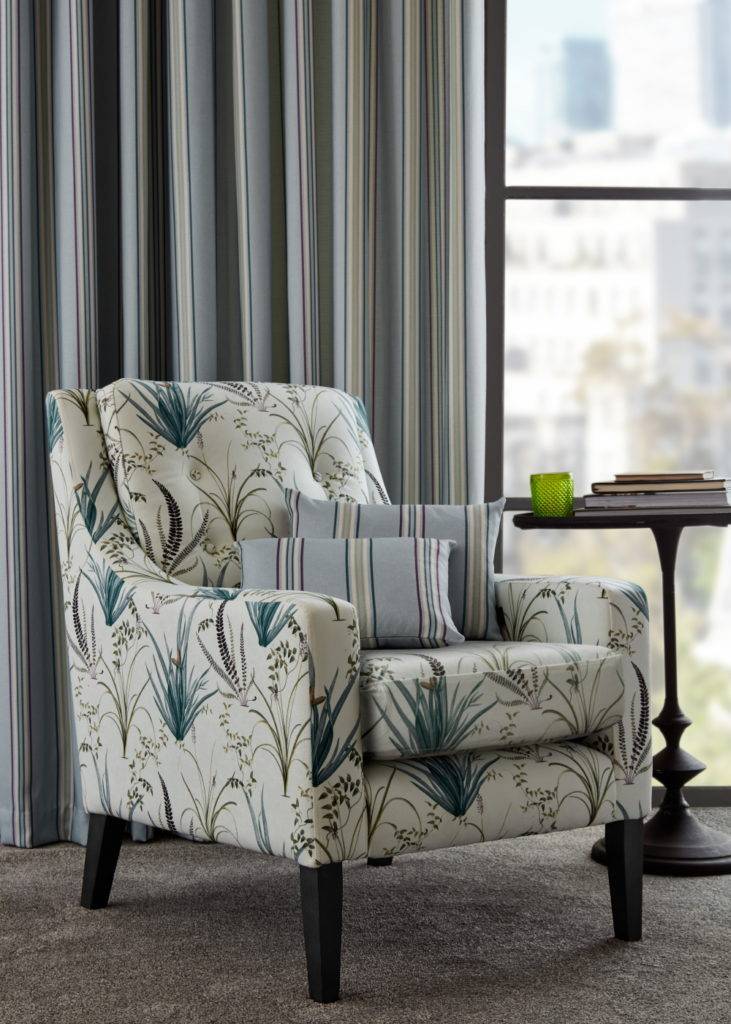 Plum cameo armchair with striped matching curtains