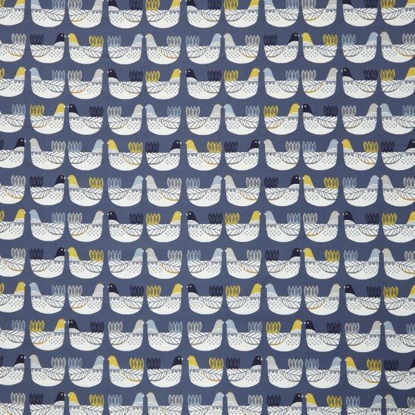 chicken print fabric in ochre and blue