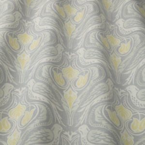 Dawn chorus fabric in yellow and grey