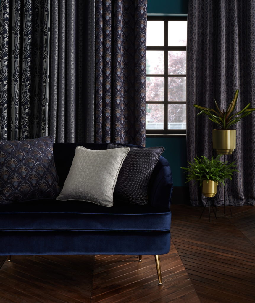 Astoria in Blue with match patterned curtains